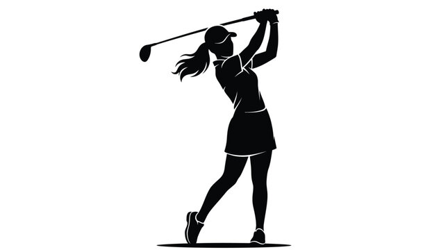 Elegant female golfer performing a powerful swing with her club while wearing a cap and athletic skirt in a high contrast minimalist black silhouette graphic art style isolated on a plain on white bac