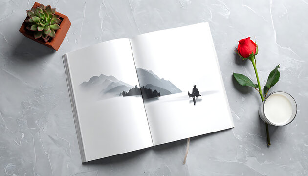 Open notebook with mountain drawing, red rose, succulent plant, and milk cup on gray textured stone surface, flat lay composition