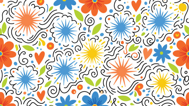 Vibrant hand drawn doodle floral seamless pattern featuring colorful starburst flowers leaves hearts and whimsical line swirls