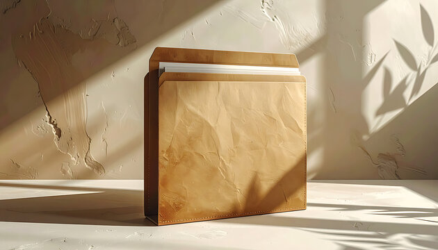 Old brown paper folder with documents, rustic texture, office stationery for business