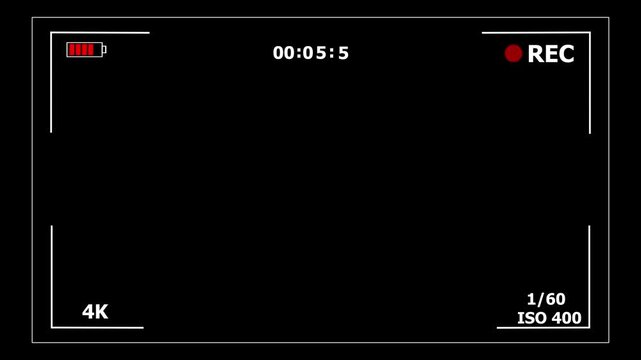 Camera recording screen overlay template in 4K. Camera viewfinder frame animation with timer, time data and digital recorder interface. Camera screen overlay for mirrorless and camcorder video.