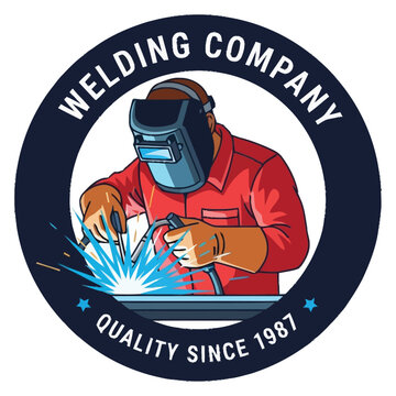 Skilled tradesperson in protective gear performs intricate metal fabrication work creating sparks with welding equipment in a circular emblem representing a reputable company focused on high