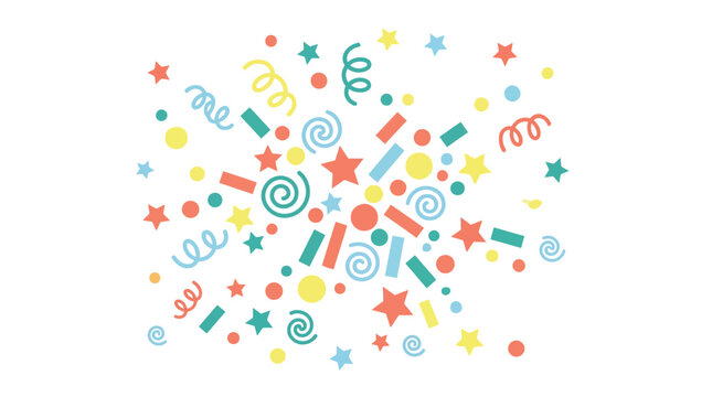 Colorful festive confetti explosion featuring various geometric shapes including stars circles and spiraling ribbons arranged in a playful scattered pattern perfect for celebrations and cheerful party