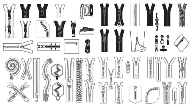 Zipper Icons and Parts Vector Set &mdash; Assorted Zipper Pulls, Teeth, Sliders and Fashion Hardware