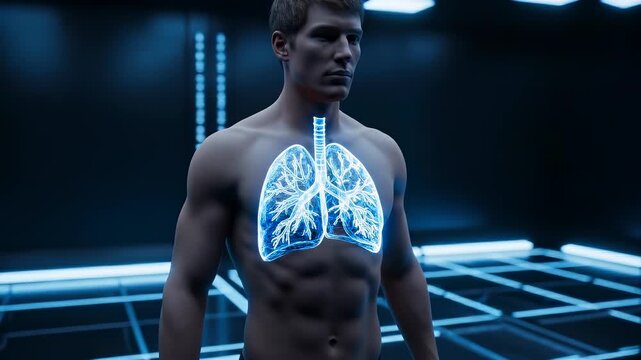 male body inside a futuristic grid chamber with transparent lungs and bronchi branching in precise geometric layers, illustrating respiratory system function, airflow pathways and diagnostic