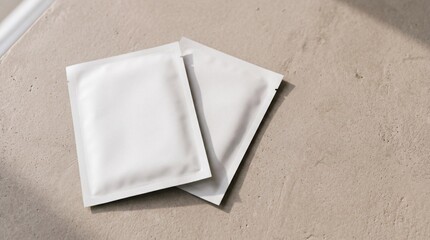 Fototapeta premium Two blank white cosmetic sachet mockups on a neutral concrete background.