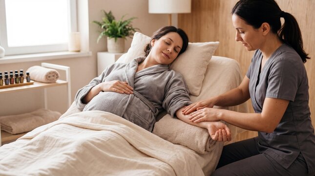 Pregnant woman receiving a relaxing prenatal arm massage in a wellness spa.