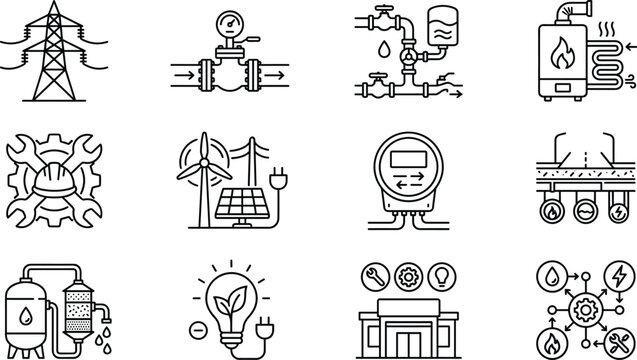 Public utilities and industrial engineering line icon set featuring electricity pylon pipeline valve gas boiler solar power smart meter and home heating systems