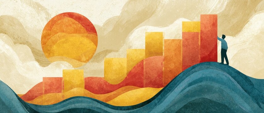 Watercolor conceptual illustration of analytics and creativity merging charts rise from hills minimal human silhouette warm retro colors stock friendly design.