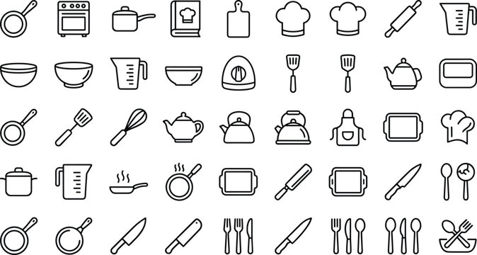 Kitchenware and cooking equipment line icon mega collection featuring frying pans pots chef hats baking tools recipe book cutlery and kitchen utensils on white background
