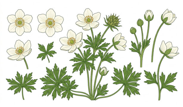 Botanical alpine Anemone narcissiflora ssp nipponica flower collection isolated flat vector illustration