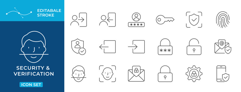 Authentication Vector Icons, Security verification login password key fingerprint face ID editable stroke outline icon set
