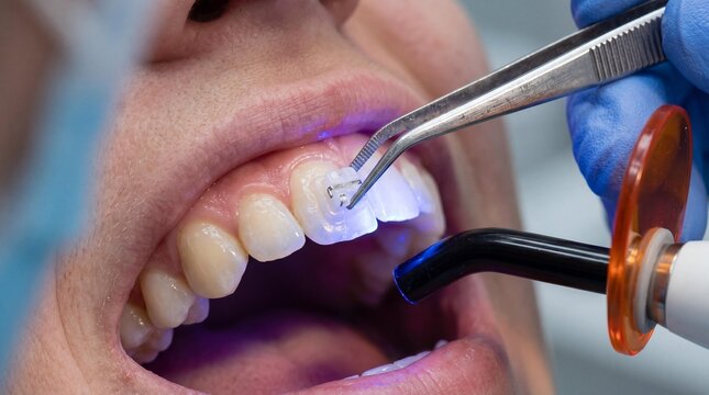 Orthodontist placing ceramic bracket on tooth during braces installation.