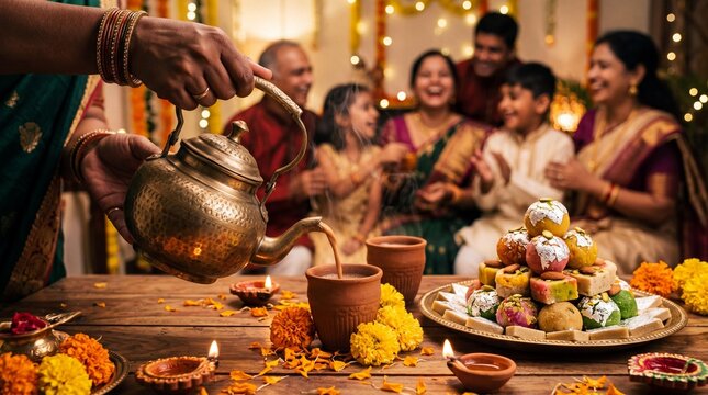 Pouring hot masala chai with Indian sweets during festive Diwali celebration