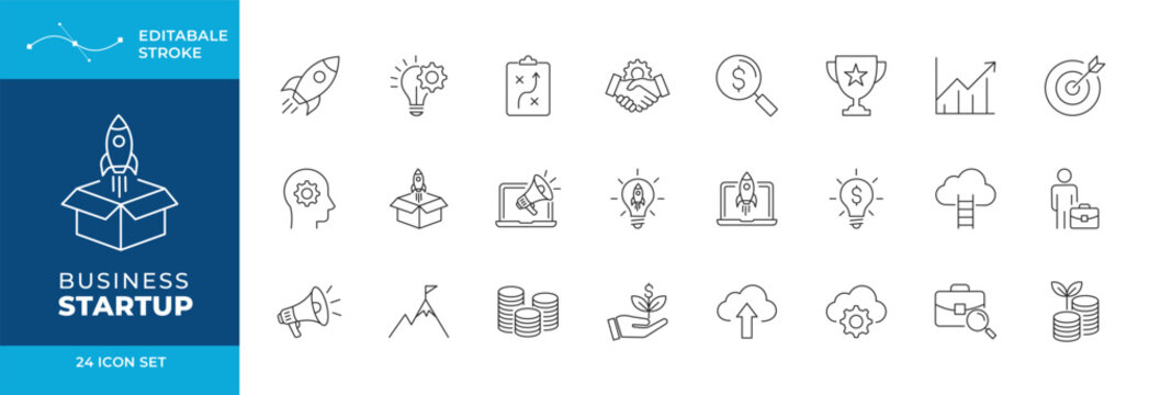 Business Startup Icon Set, Thin line editable stroke vector collection for innovation launch 