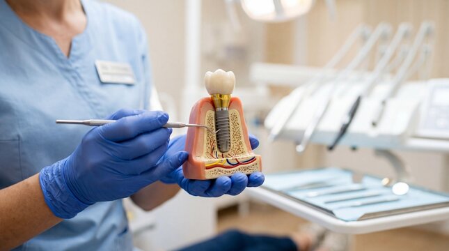 Dentist holding dental implant model during patient consultation in clinic.