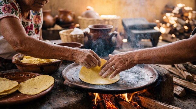 Traditional Mexican women making fresh corn tortillas on a hot clay comal