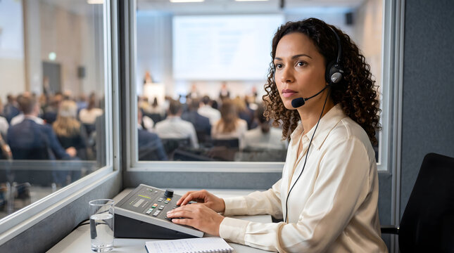 Interpreter working in soundproof booth at conference