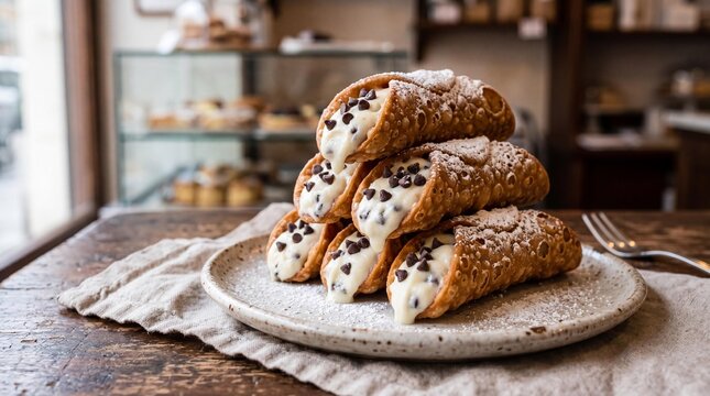 Fresh Italian cannoli with sweet ricotta filling and chocolate chips on a plate