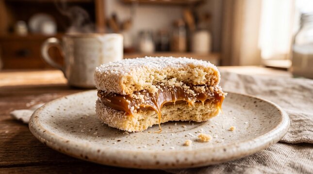 Bitten alfajor cookie with gooey caramel filling and coconut on a rustic plate