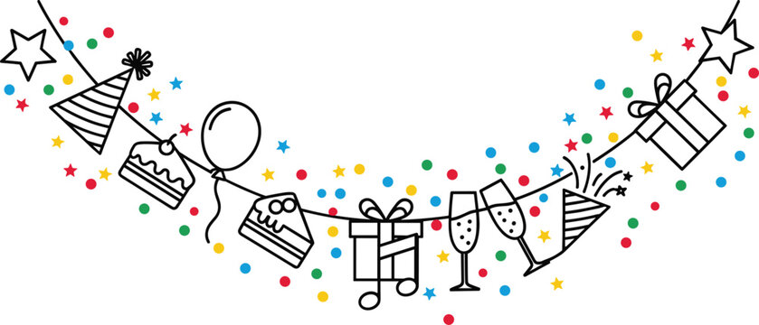 Birthday party celebration garland with cake, balloon, gifts, confetti, champagne and party hats
