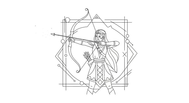 Elf Archer Aiming Bow and Arrow, Fantasy Character, Geometric Frame, Outline Drawing