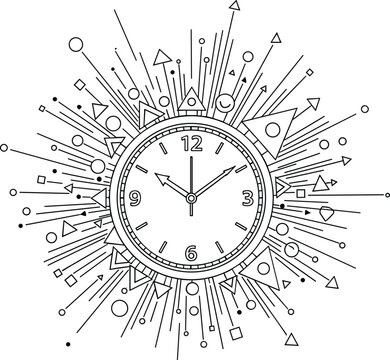 Clock face with abstract exploding geometric shapes and lines radiating outwards representing time concept