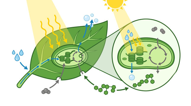 Educational Biological Illustration of the Photosynthesis Process Showing Light Energy Conversion into Chemical Energy within a Leaf