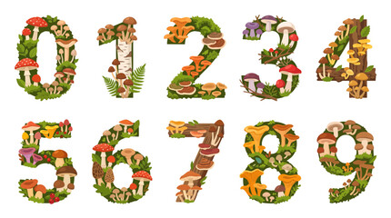 Naklejka premium Set of Numbers Composed of Wild Mushrooms and Green Moss Elements for Creative Forest Themed Designs