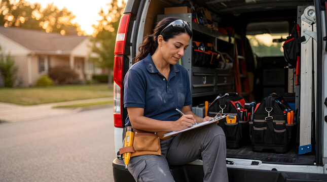 woman tradesperson with tool belt writing on clipboard