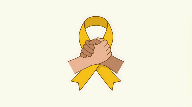 Symbol of unity and support with a yellow ribbon and clasped hands of different skin tones
