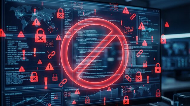 Red digital security warning sign on computer screen
