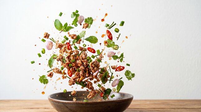 dynamic larb salad explosion with minced meat fresh herbs chili and lime juice suspended midair over clean background with copy space for food and culinary themes