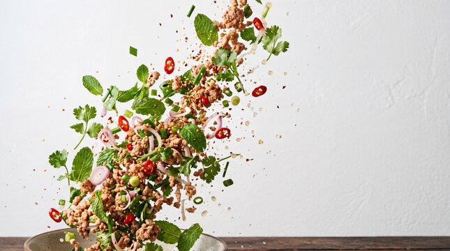 dynamic larb salad explosion with minced meat fresh herbs chili and lime juice suspended midair over clean background with copy space for food and culinary themes