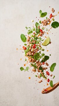 dynamic larb salad explosion with minced meat fresh herbs chili and lime juice suspended midair over clean background with copy space for food and culinary themes