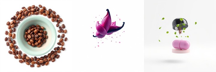 Obraz premium Coffee beans, flower, capsule shown. Minimalist composition, vibrant colors, studio lighting. Clean aesthetic, product presentation, beverage theme.