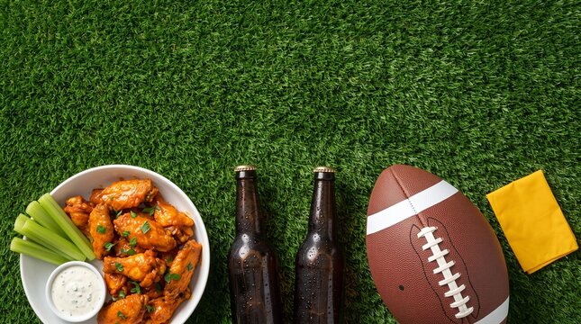 American football ball with beer bottles and hot buffalo chicken wings on green grass field turf