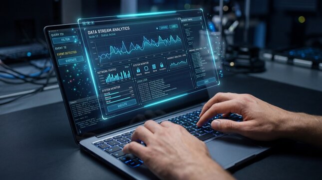 Person typing code on a laptop with blue digital graphics