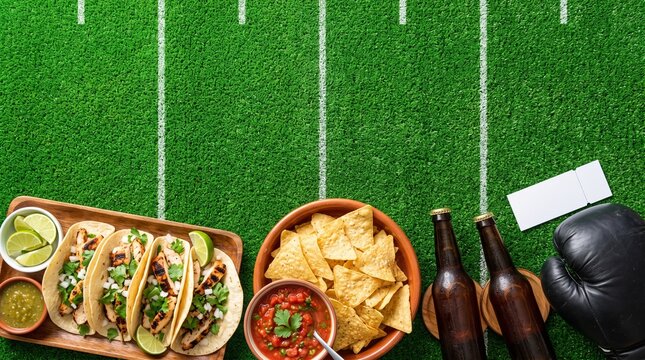 Tacos nachos and beer on a football field background for game day party food and celebration