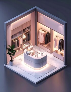 A 3D isometric view of a modern clothing store interior