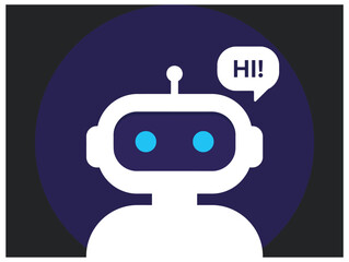 Friendly robot character with a speech bubble saying hi in a modern flat vector design © MDTAREQ