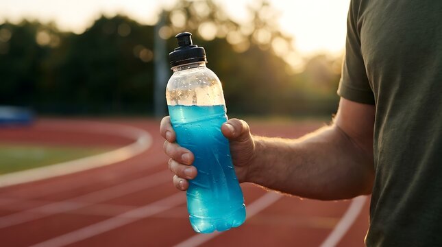 Athletic young man holding plastic bottle with refreshing blue electrolyte drink while exercising on sunny running track outdoor during warm evening workout session focus on fitness.