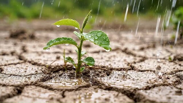 Green seedling sprouting from dry cracked soil in the rain