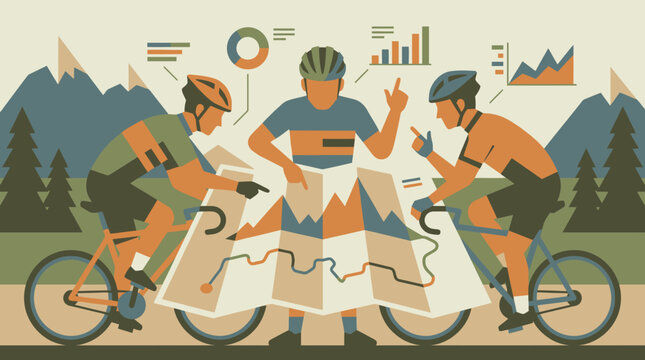 Cyclists planning route on map in mountains with graphs