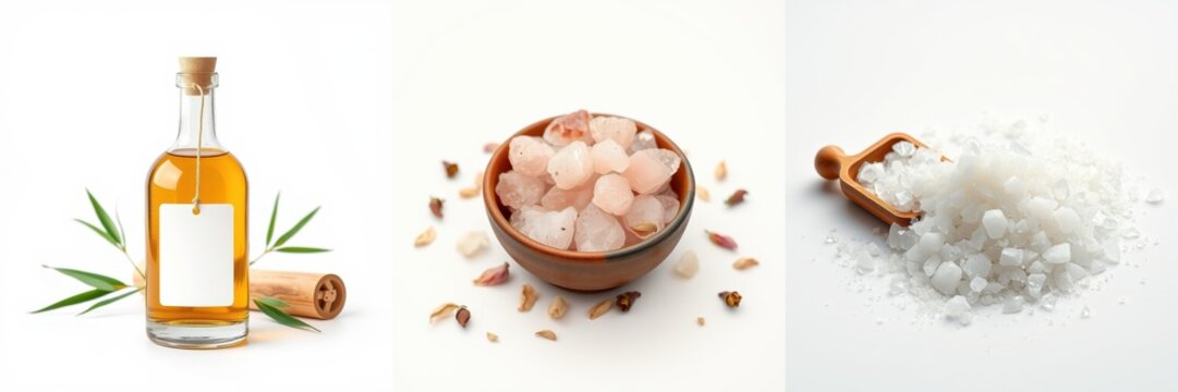 Oil, salt, spices presented. Natural ingredients for wellness, beauty routines. Cinnamon stick, bamboo leaves visible. Pink crystals, white granules shown.