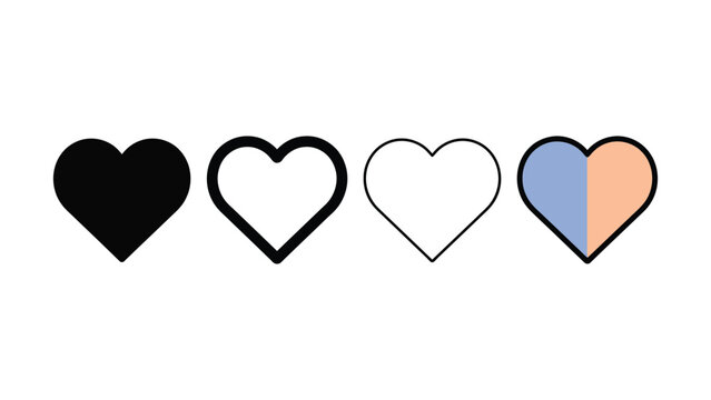 Set of four heart icons showing different fill styles and colors