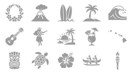 Collection of Hawaiian Icons and Symbols representing tropical island culture and vacation. © yuanita