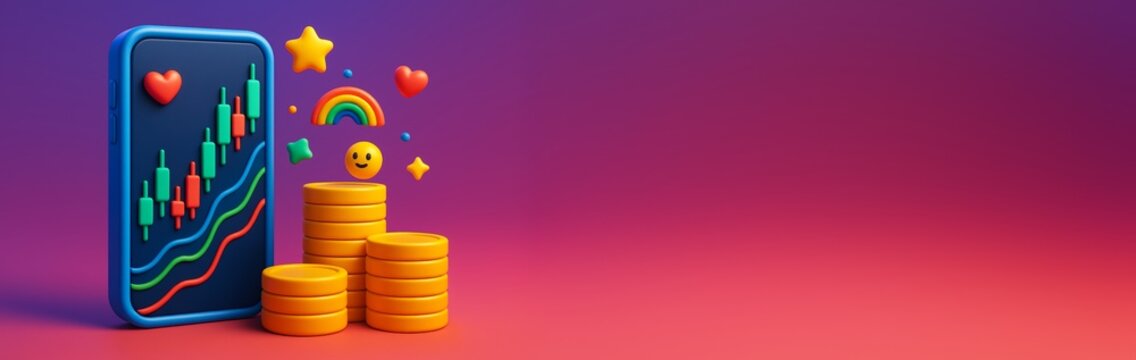 Colorful mobile trading app interface with coin stacks and emojis on vibrant gradient background, symbolizing digital finance and investment joy. Ai generative