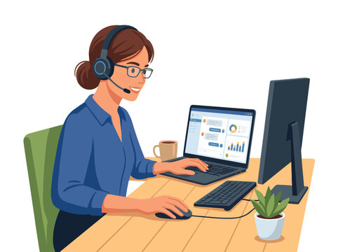 Professional female operator with headset working at desk with laptop and monitors. Customer service agent woman managing online chat and clients call. Flat vector illustration.