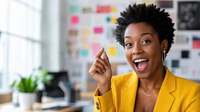Generative AI, Excited creative businesswoman with idea in colorful office